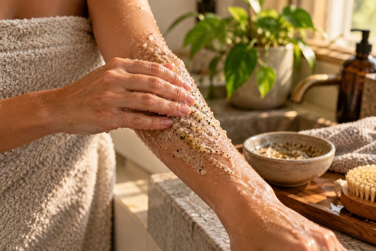 Natural mineral body scrub with almond oil worked onto skin with water droplets