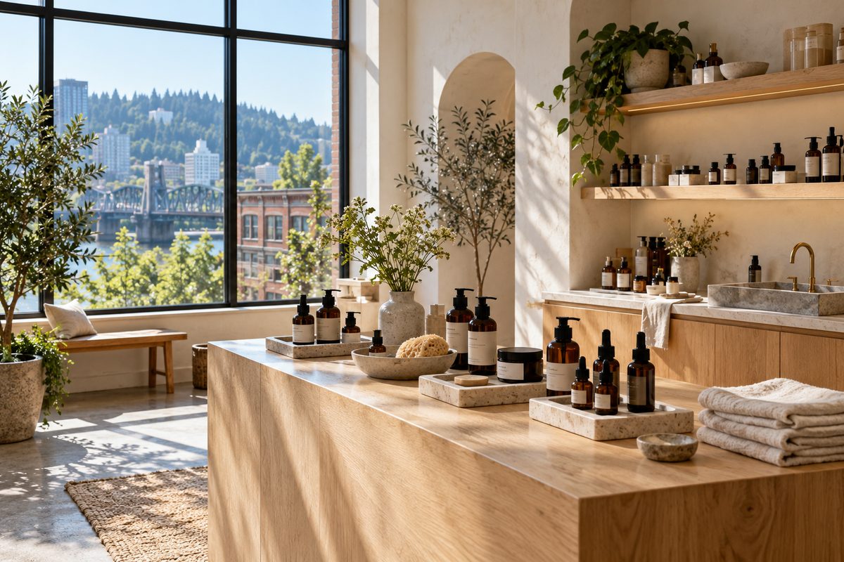 Avessora skincare boutique interior in Portland with oak consultation tables and amber glass bottles