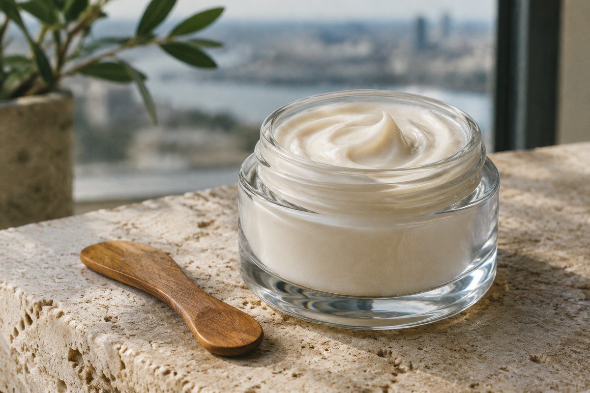 Rich barrier face cream in a clear glass jar on stone surface