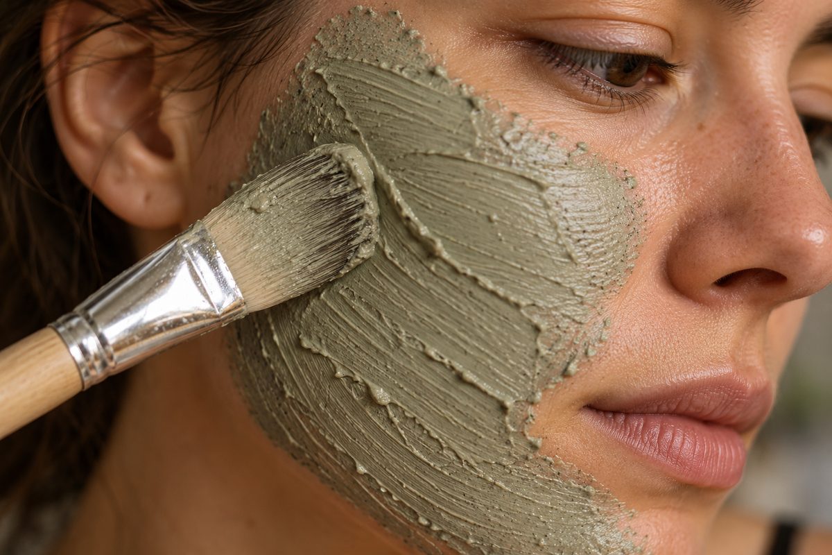 Smooth mineral face mask paste being applied with soft brush on real skin