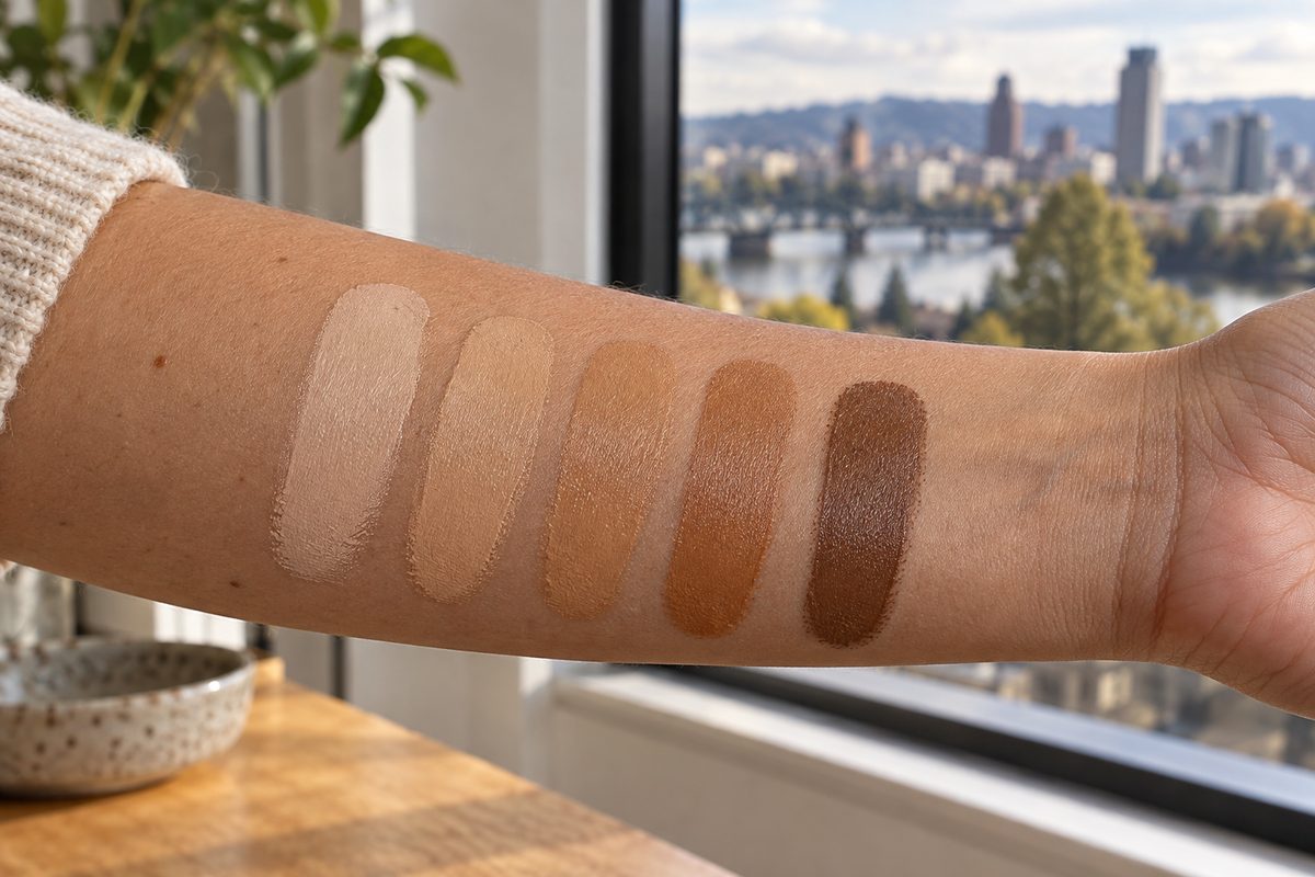 Liquid foundation shade swatches showing warm and neutral undertones on forearm skin