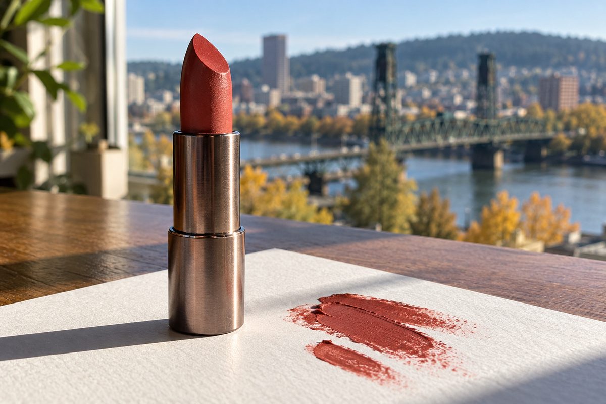 Satin mineral lipstick bullet with beveled tip in architectural metal casing