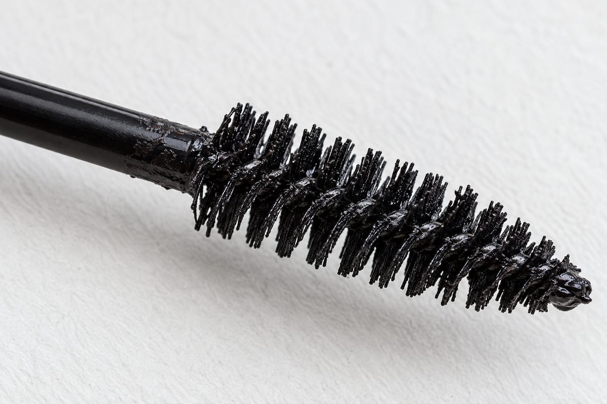 Mascara wand coated in rich black pigment on white background