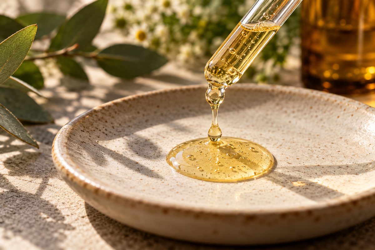 Botanical facial serum dripping from a glass dropper bottle